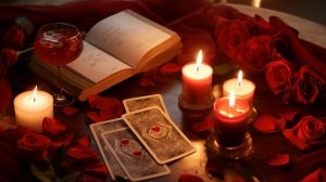 An enchanting image of a mystical scene set upon a dark wooden table, adorned with vibrant red rose petals. In the center, a trio of tarot cards with intricate designs lay face up, inviting interpretation. Beside them, an open book with handwritten notes suggests a session of divination in progress. The ambient lighting provided by three burning candles casts an intimate glow, illuminating the rich color of nearby full bloomed roses and the elegant glass filled with a mysterious red liquid. Every element is meticulously placed, creating an atmosphere ripe for revelation and introspection. The entire scene is adorned with vibrant red roses and scattered petals enhancing the romantic or mystical theme. The surface underneath is a dark wooden table that contrasts beautifully with the bright colors of roses and candles. This image is perfect for use in articles, blog posts, or other content related to tarot cards, divination, or mysticism