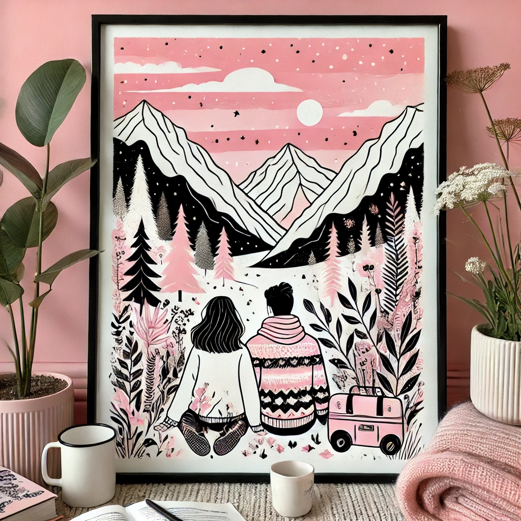 Romantic illustration of a couple hiking in a scenic mountain landscape with pink, white, and black tones, featured in Pump It Up Magazine's quiz 'What Kind of Man Will Steal Your Heart?