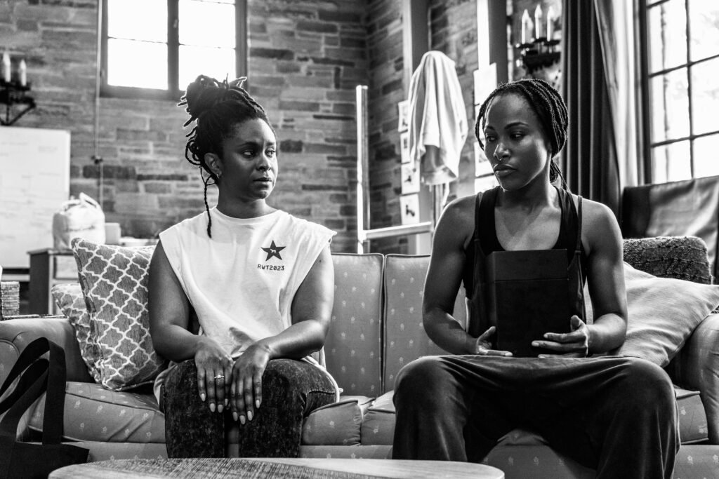 L-R: Kacie Rogers and DeWanda Wise in rehearsal for Furlough's Paradise at Geffen Playhouse. Photo by Jeff Lorch.