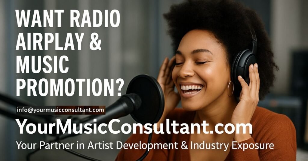 Smiling independent female artist wearing headphones in a radio studio promoting radio airplay and music promotion services at YourMusicConsultant.com