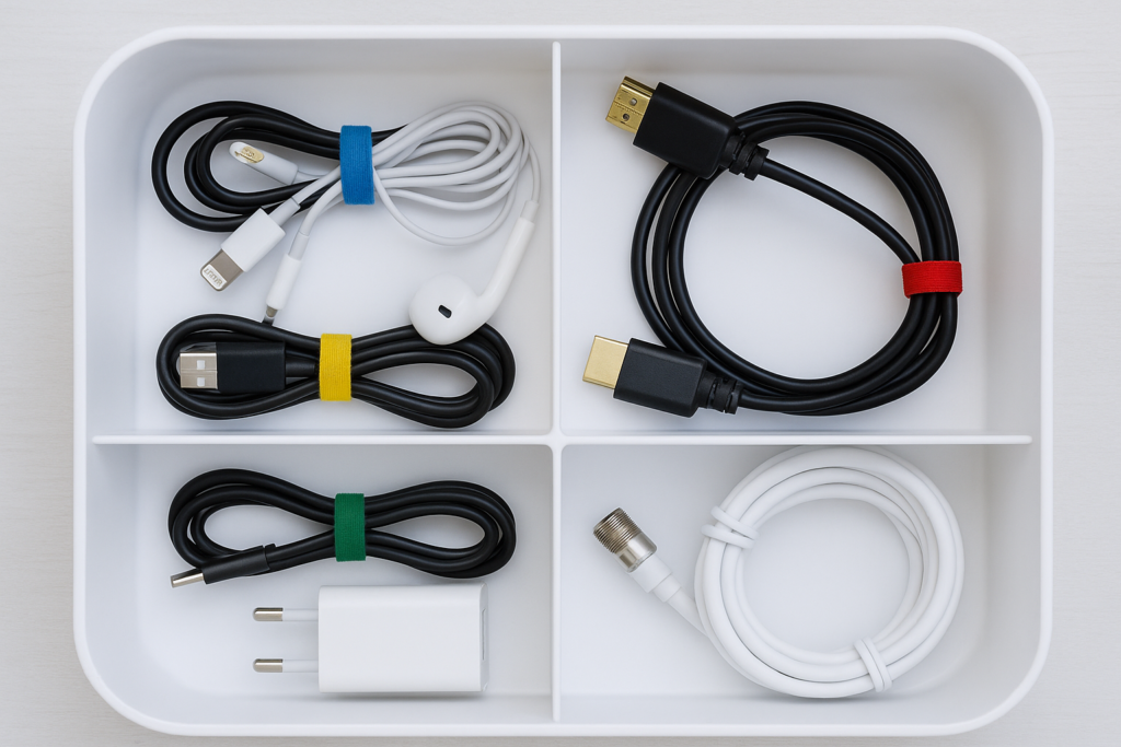 Neatly coiled USB-C, HDMI, AUX, and Ethernet cables secured with colorful cable ties on a light wooden surface.