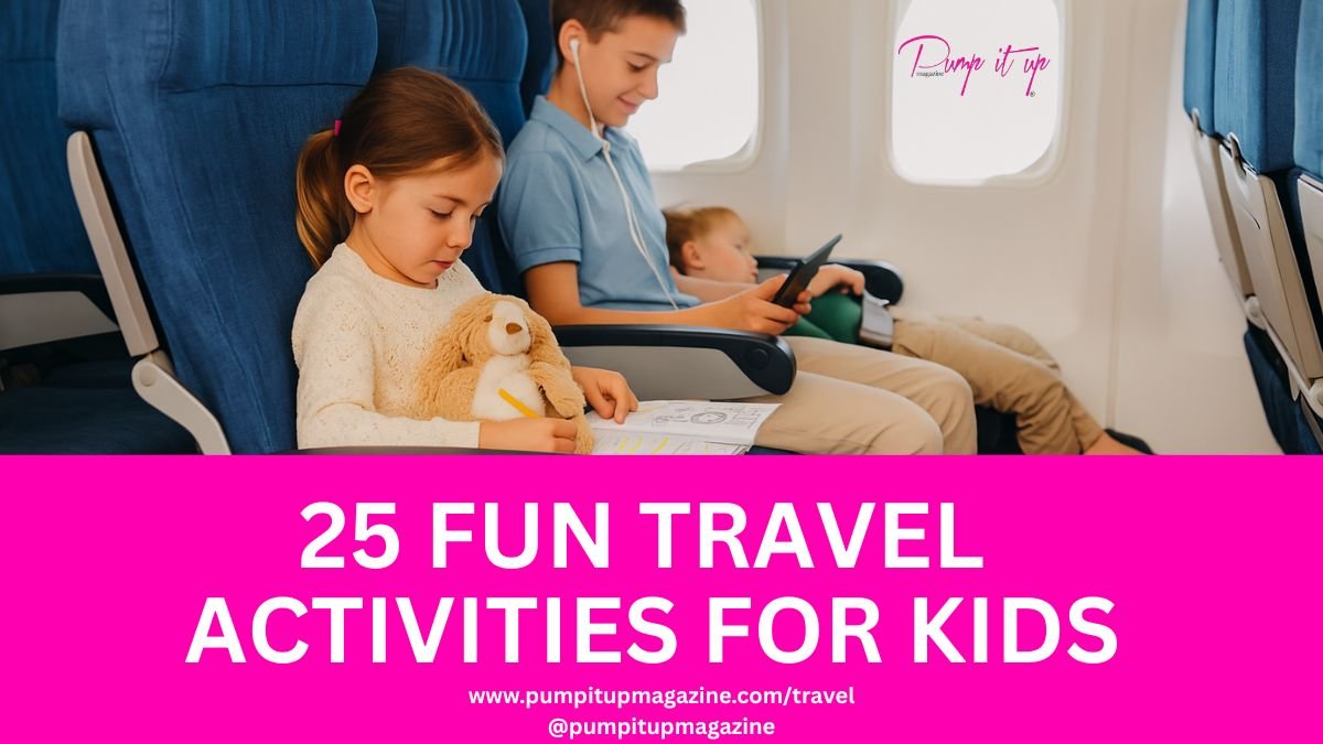 Kids sitting on an airplane engaging with travel activities including coloring and using a tablet, perfect for keeping children entertained during flights