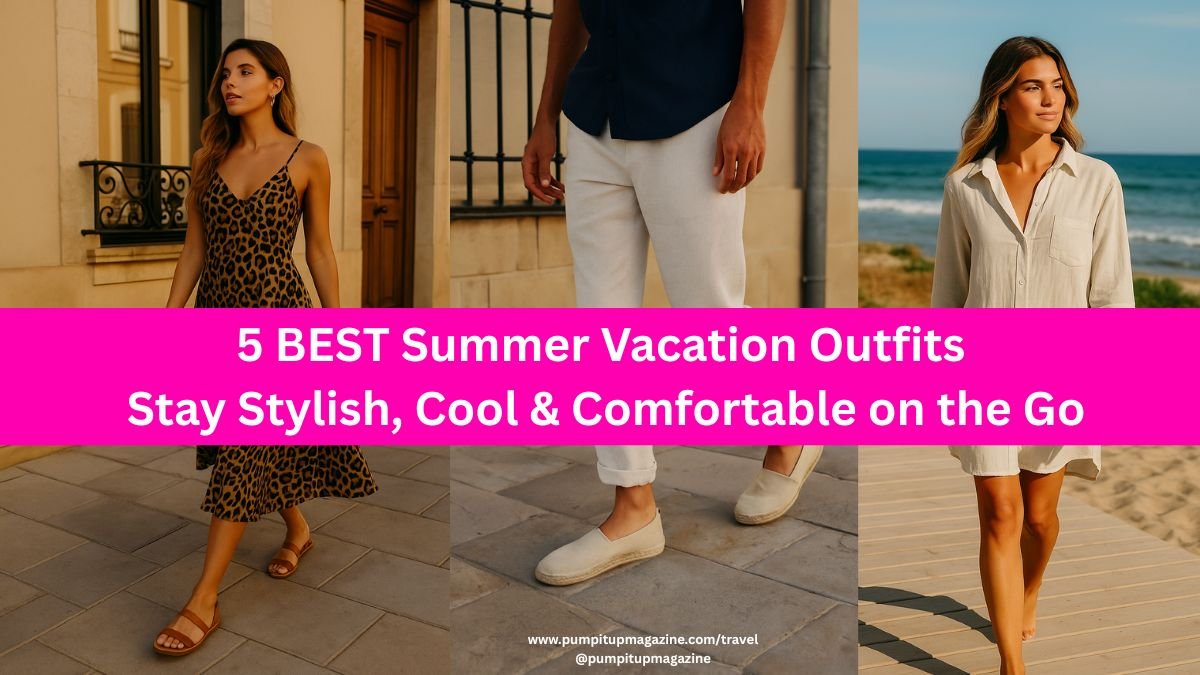 Collage featuring a woman in an animal print dress, a man in linen pants, and a woman in a swim cover-up, highlighting stylish summer vacation outfits