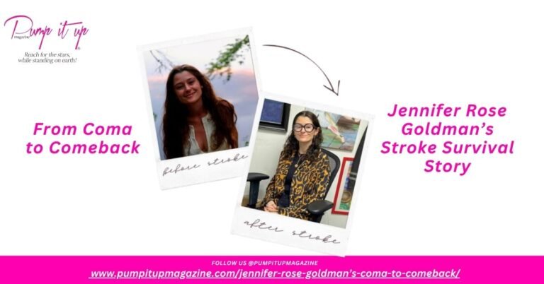 Side-by-side photo of Jennifer Rose Goldman before and after her stroke, highlighting her inspiring recovery and resilience after surviving a life-threatening stroke.