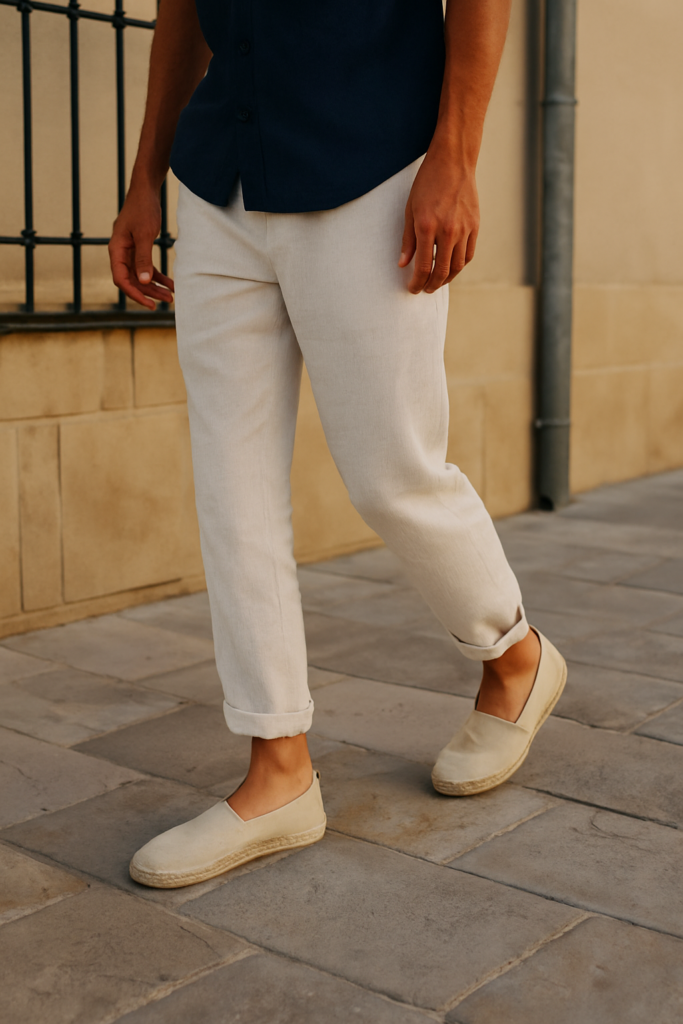 Close-up of a man wearing beige linen pants and espadrilles, walking on a sunny street during a summer vacation