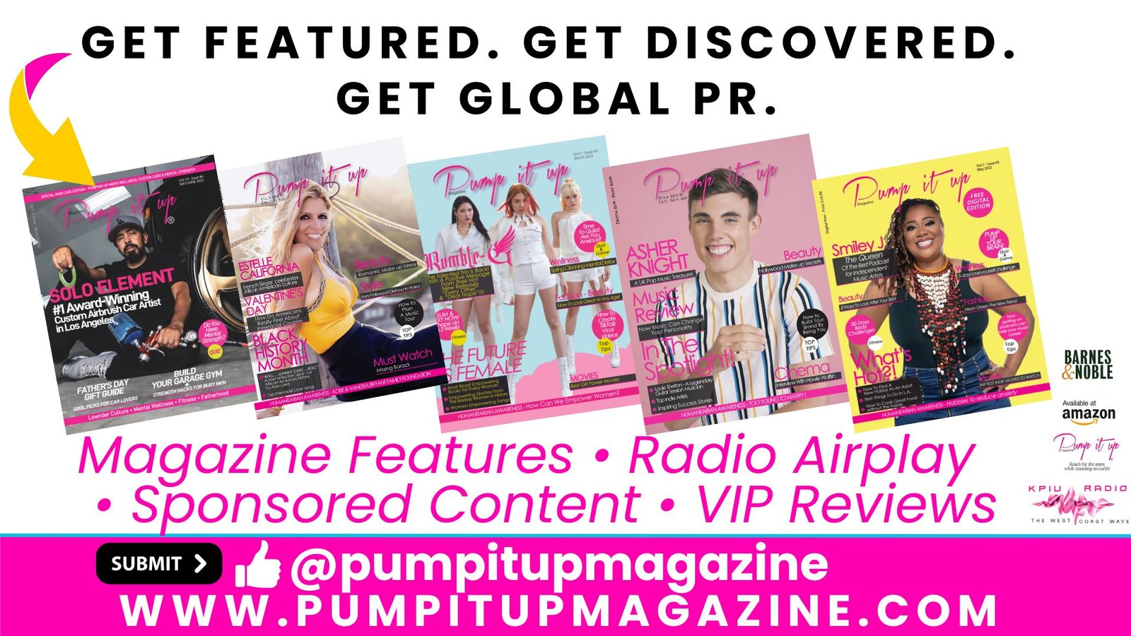 Pump It Up Magazine homepage banner offering global PR features, magazine interviews, radio airplay, sponsored content, and VIP product reviews.
