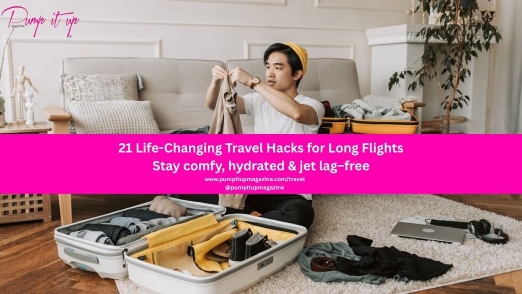 Travel hacks for long flights – banner image showing packing and comfort tips