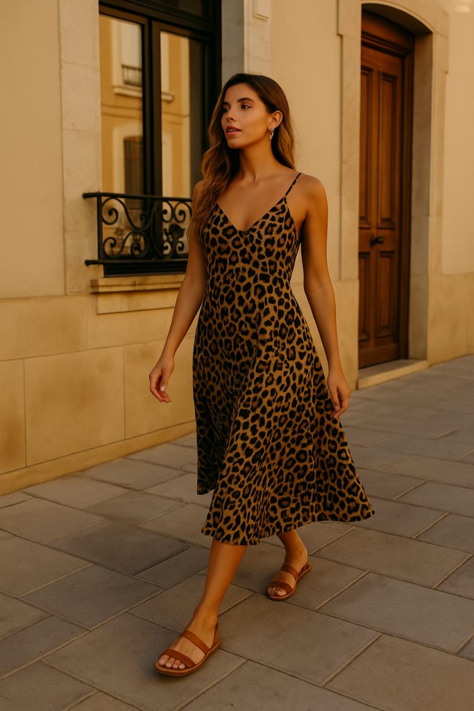 Young woman in a flowing animal print midi dress walking confidently outdoors in a sunny vacation setting