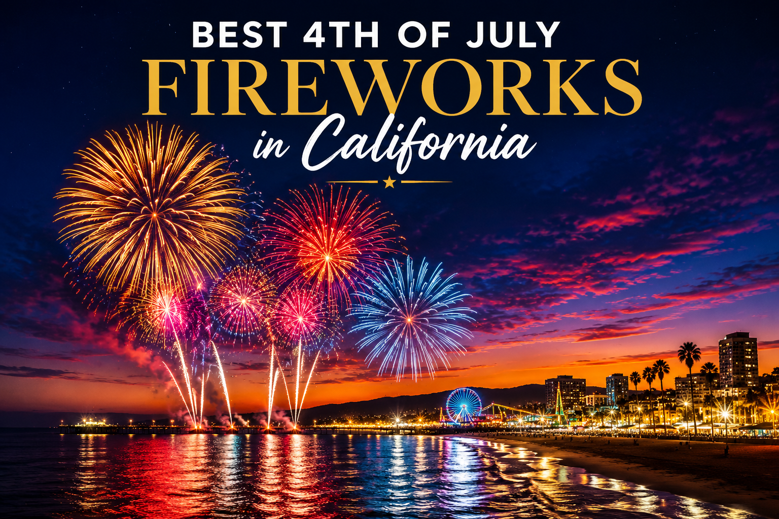 Colorful Best 4th of July Fireworks over the California coastline during an Independence Day celebration.
