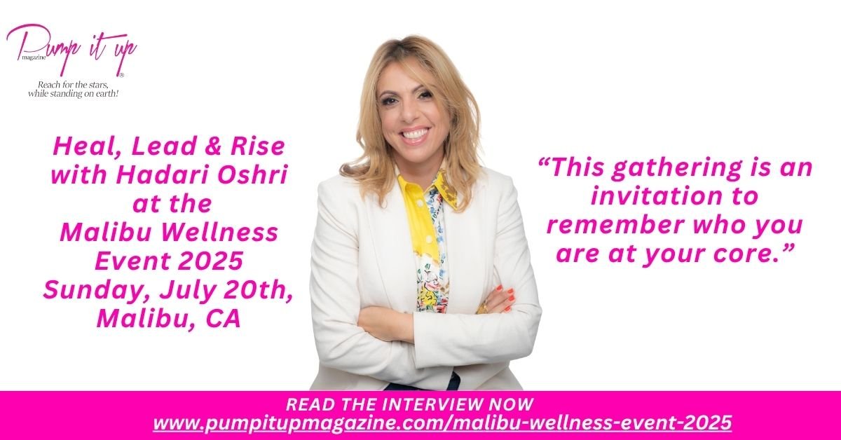 Smiling Hadari Oshri in white blazer promoting Malibu Wellness Event 2025 and her quote about remembering your true self