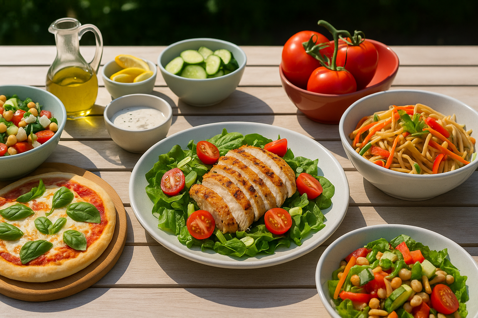 lazy summer dinners served outdoors with salad, grilled chicken, flatbread, and cold noodle dishes