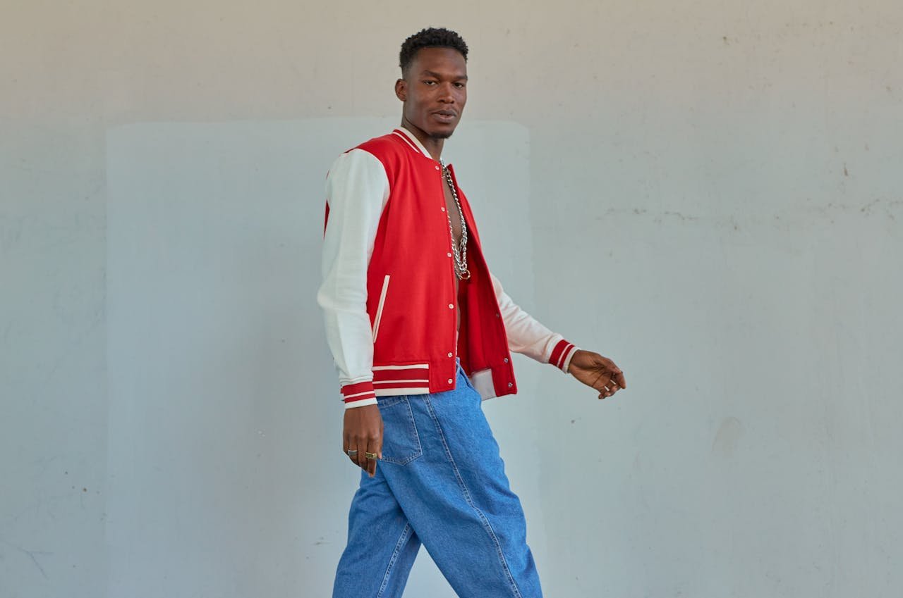 a man in a red jacket
