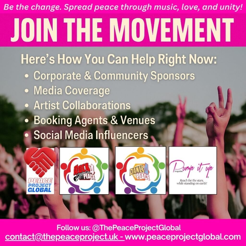 Join the Movement banner by David Crooks’ Peace Project Global – seeking sponsors, media partners, artists, and influencers, in collaboration with Pump It Up Magazine.