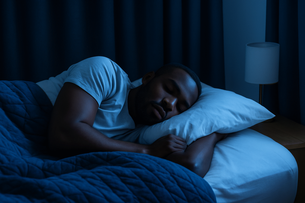 Athlete sleeping peacefully with blackout curtains and cool room setup for better recovery.