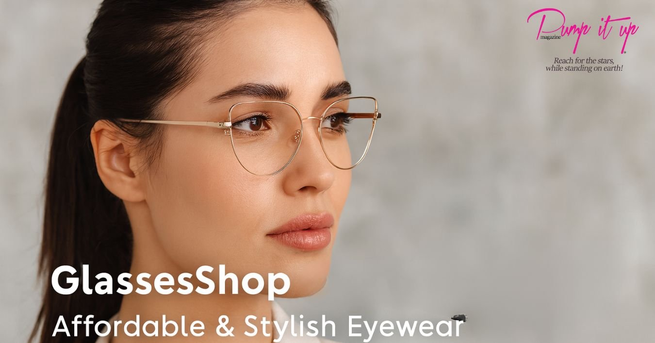 Woman wearing rose gold cat-eye prescription glasses by GlassesShop – Pump It Up Magazine product review