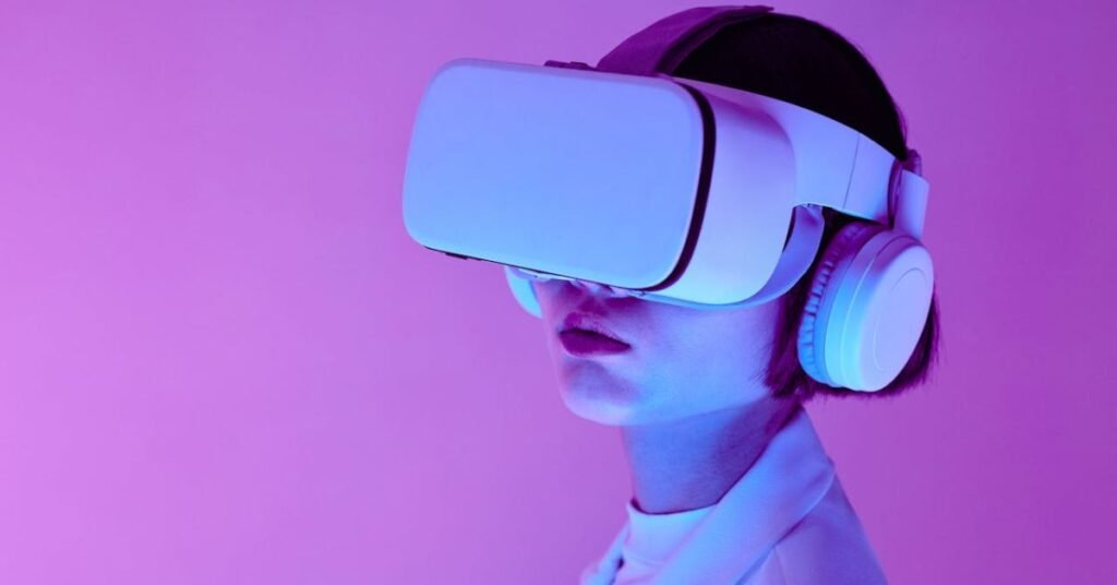 Futuristic indie artist exploring AI music tools with VR headset and headphones