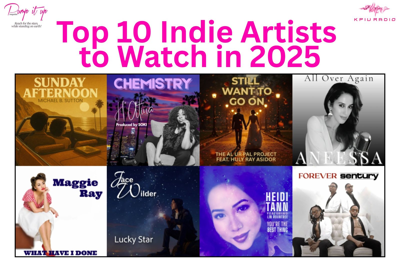 Pump It Up Magazine and KPIU Radio Top 10 Indie Artists 2025 banner featuring Michael B. Sutton, J. Antina, Al Ur Pal Project, Aneessa, Maggie Ray, Jace Wilder, Heidi Tann, and Sentury.