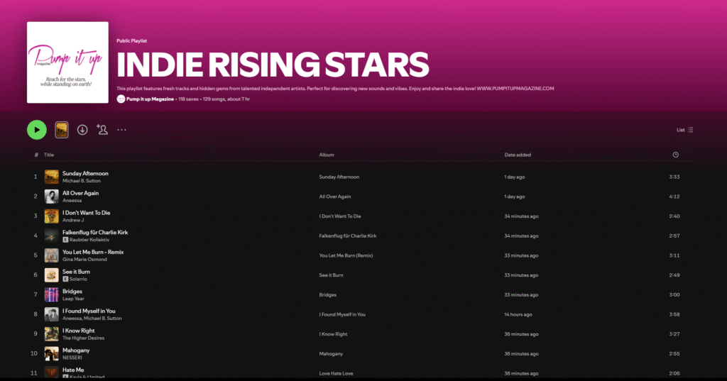 Indie Rising Stars Spotify playlist 2025 – Pump It Up Magazine promotion