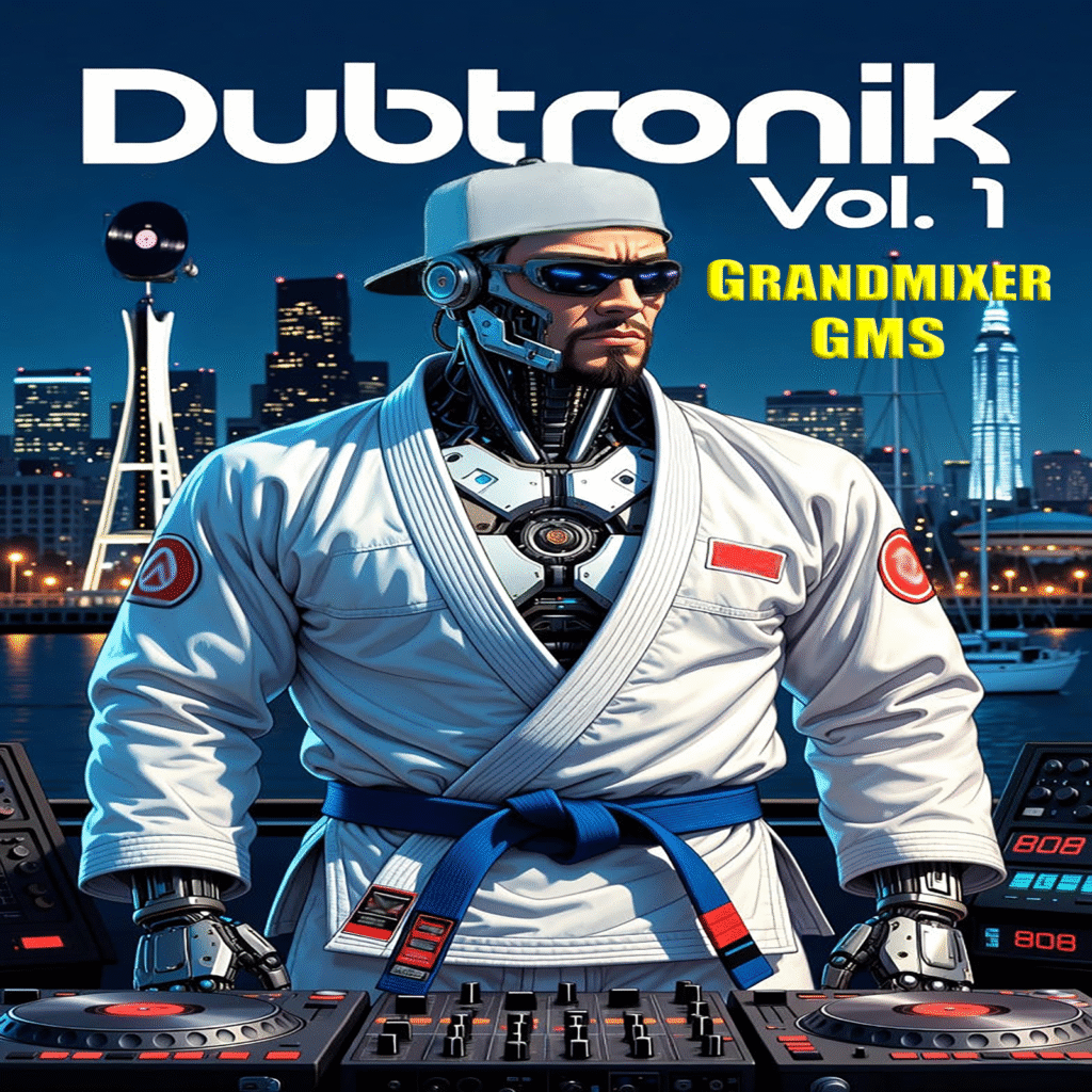 Dubtronik Vol. 1 EP cover featuring GrandMixer GMS as a futuristic robot DJ wearing a gi in front of a city skyline.