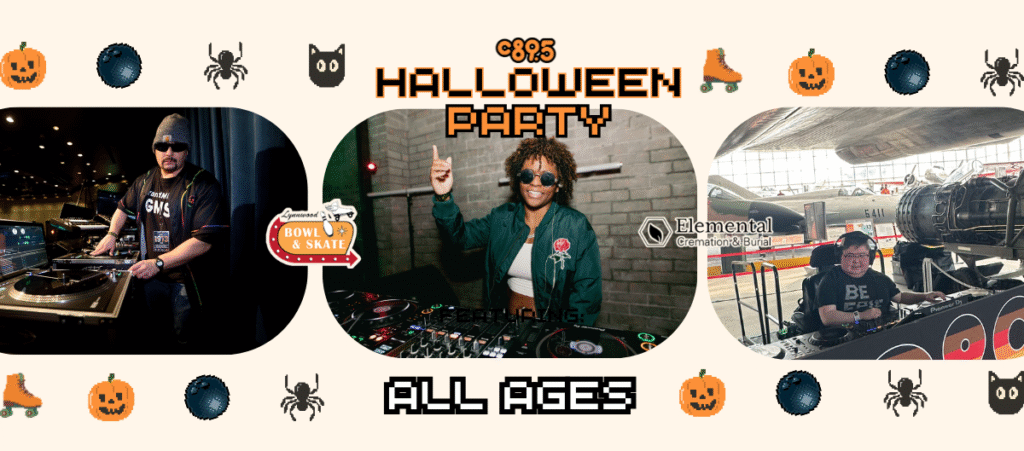 GrandMixer GMS performing live at Lynnwood Bowl & Skate in a Batman-style mask during a Halloween DJ set for c89.5 FM.