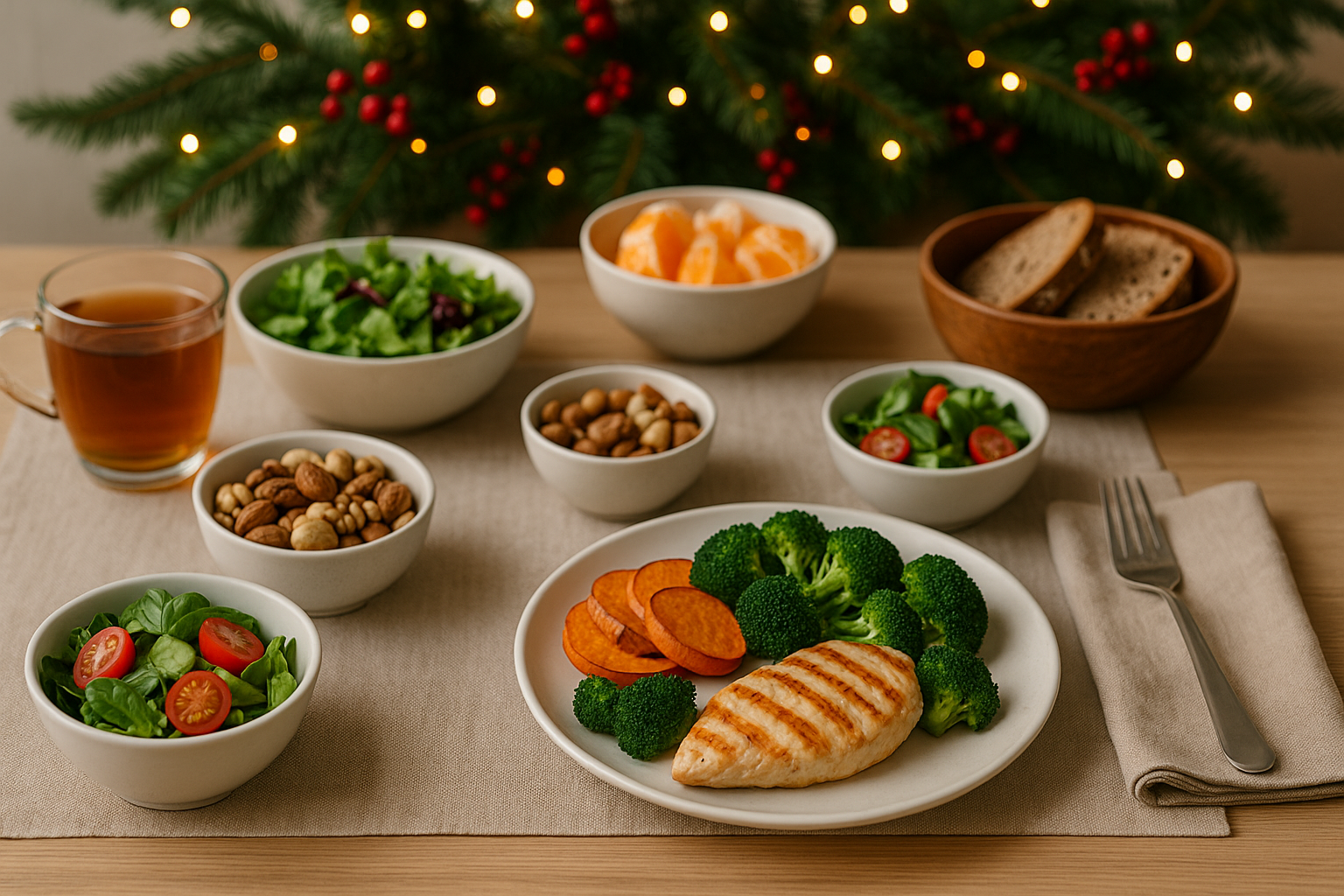 Clean and healthy holiday table with grilled chicken, broccoli, salads, nuts, and tea for holiday wellness