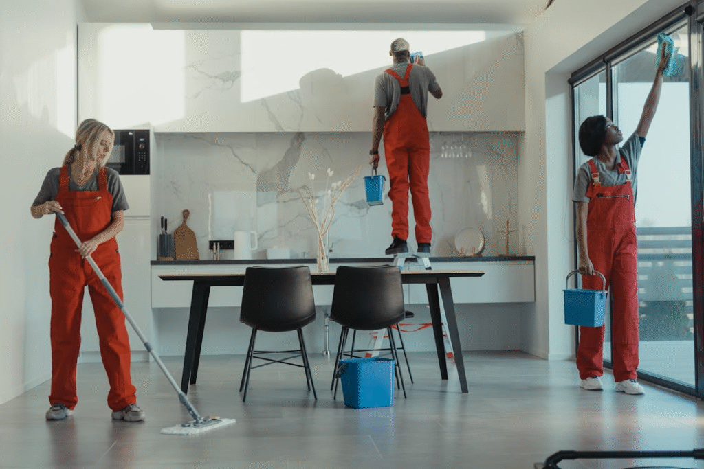 Three cleaners working in modern kitchen. Workplace Maintenance 