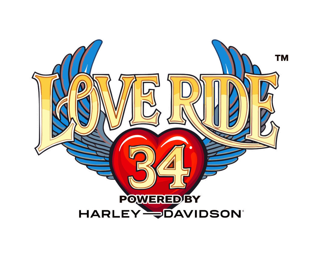 Love Ride 34 official logo powered by Harley-Davidson featuring wings and red heart design.