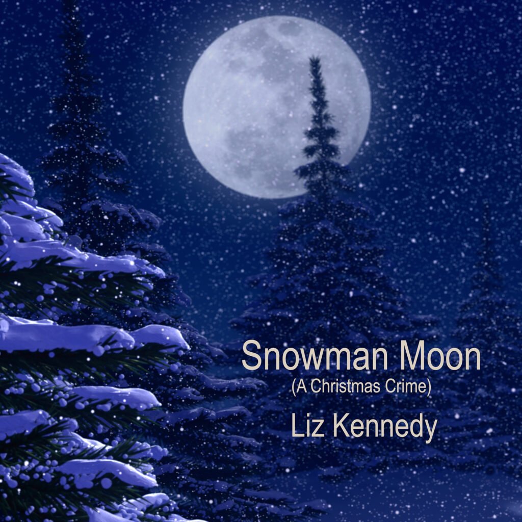 Moonlit snowy scene with trees. 
snowman-christmas-crime cd cover