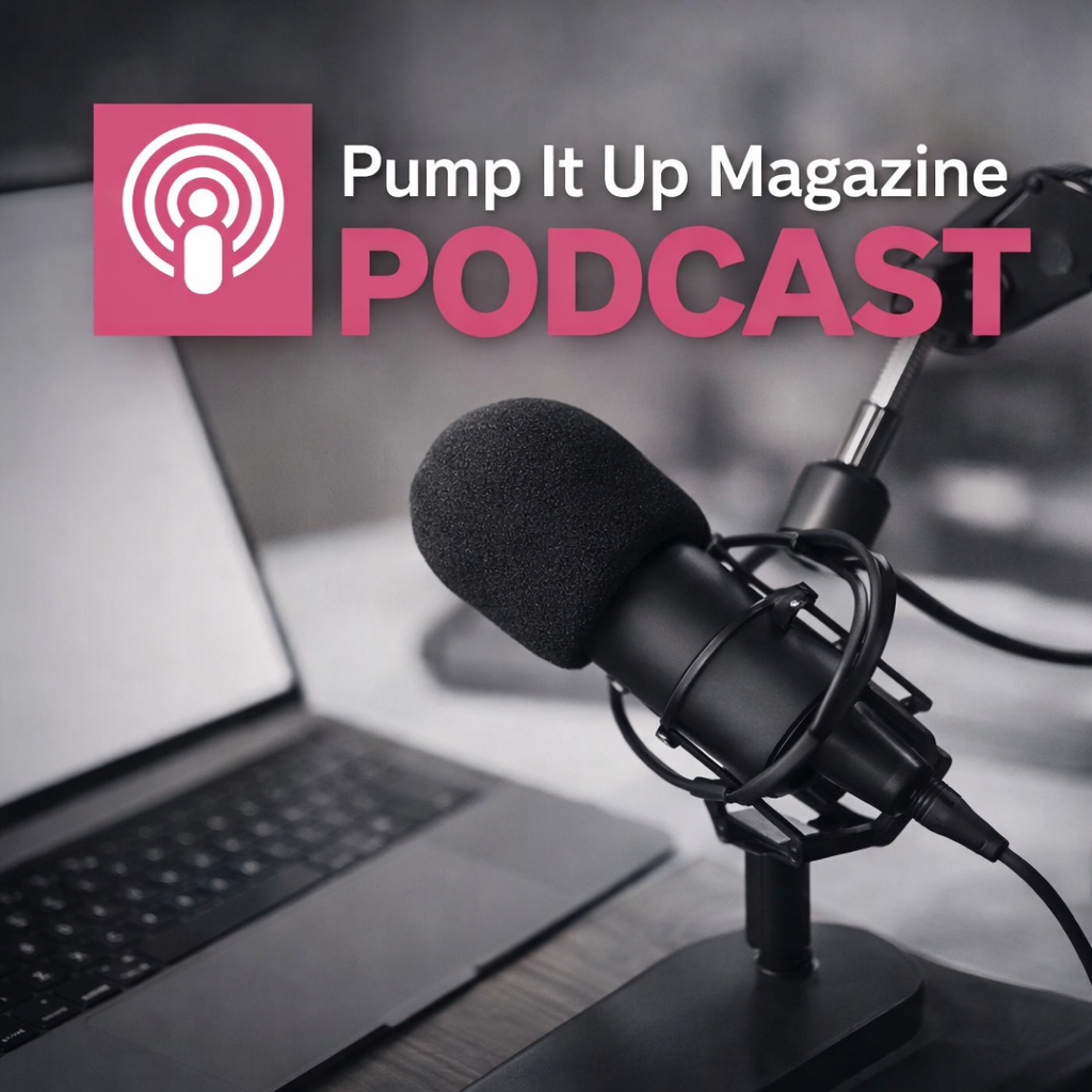 Podcast recording with microphone and laptop.