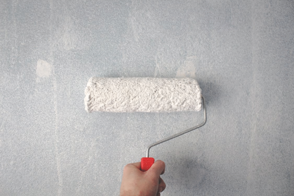 Hand holding paint roller on wall for a home renovation
