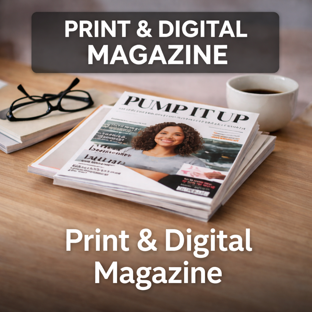 Pump It Up Magazine print and digital publication showcasing wellness, lifestyle, and entertainment content