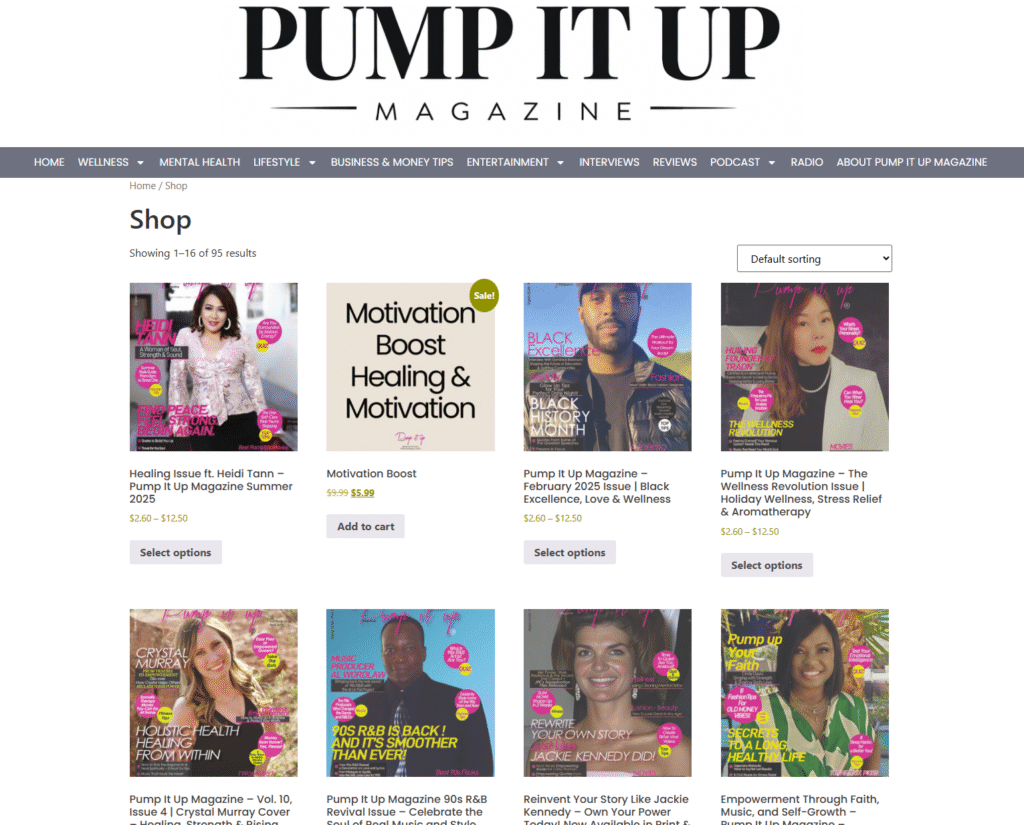 Pump It Up Magazine shop displaying digital and print magazine issues focused on wellness, mental health, lifestyle, faith, and empowerment.
