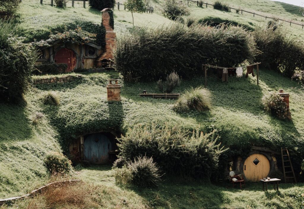 Charming hillside hobbit-style house.