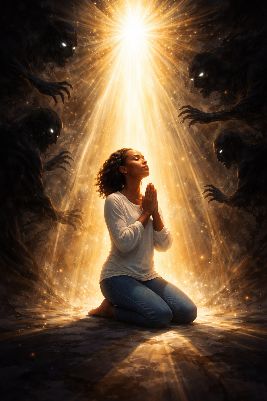 Person praying amidst dark figures.