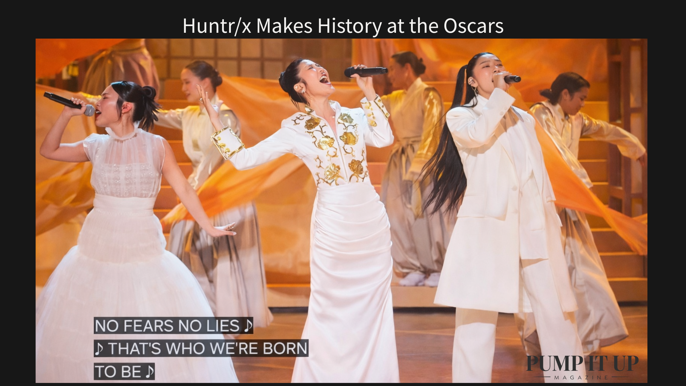 Huntr/x performing the song Golden from KPop Demon Hunters during the Oscars live performance with dancers and golden stage visuals