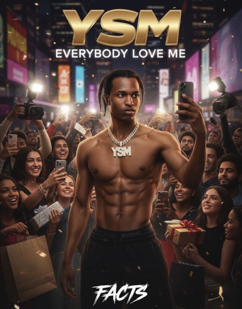 YSM Everybody Love Me cover showing shirtless artist taking a selfie in a crowd of fans with cameras and city lights