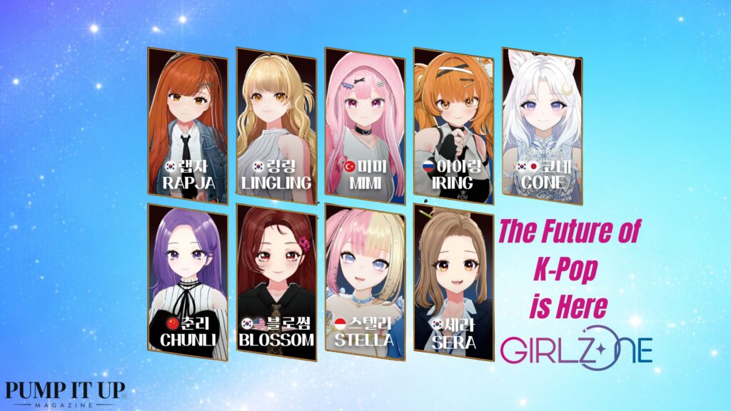 GIRLZ*ONE virtual K-pop girl group banner with 9 members Rapja, LingLing, Mimi, Iring, Cone, Chunli, Blossom, Stella and Sera