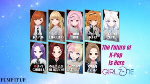 GIRLZ*ONE virtual K-pop girl group banner with 9 members Rapja, LingLing, Mimi, Iring, Cone, Chunli, Blossom, Stella and Sera