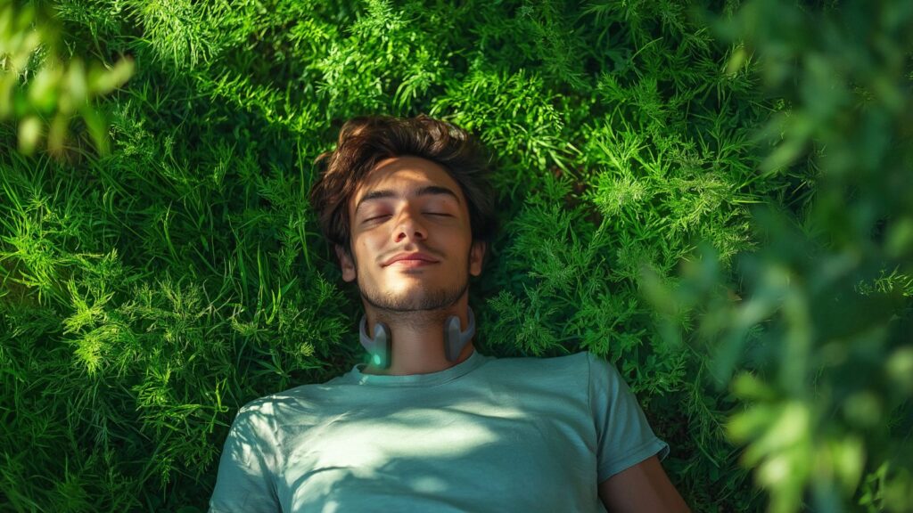 Man relaxing using Pulsetto vagus nerve stimulation device