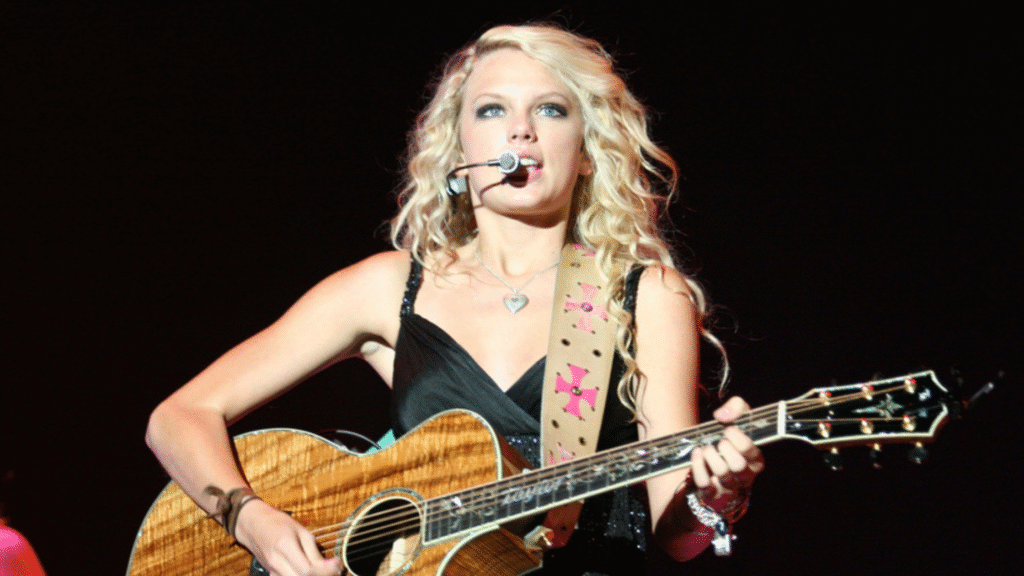 Taylor Swift performing live with acoustic guitar in 2007 representing early music career branding and artist entrepreneurship