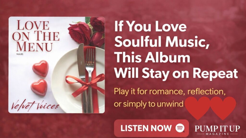 Love On The Menu Vol 01 by Velvet Voices soulful R&B album banner with romantic theme and Pump It Up Magazine feature