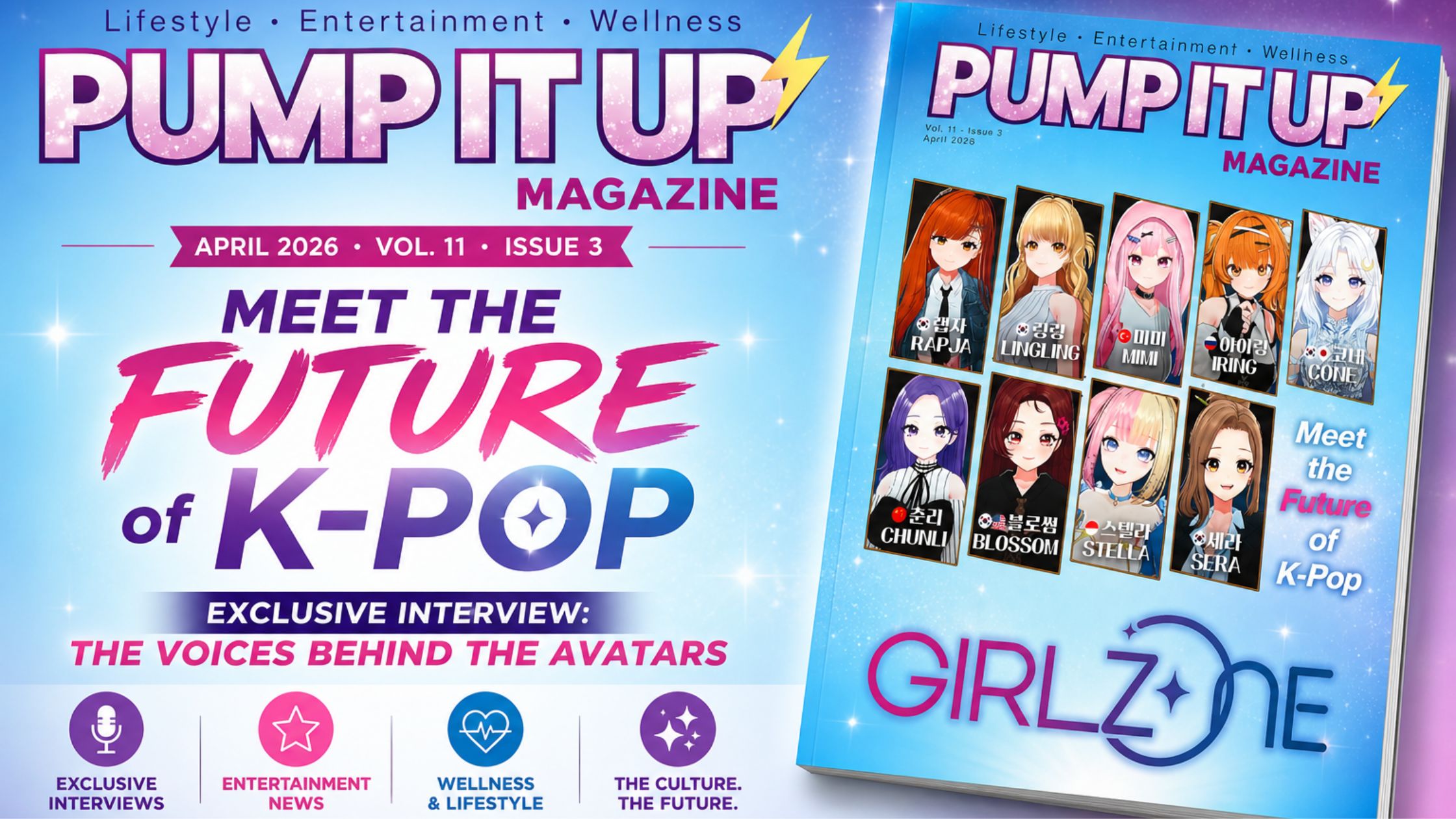 GIRLZ*ONE virtual K-pop group featured on Pump It Up Magazine April 2026 issue cover with animated avatars and exclusive interview