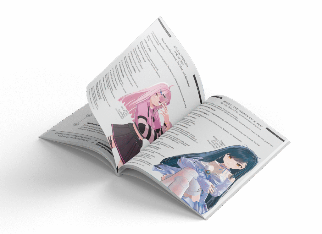 Open magazine featuring illustrated characters.