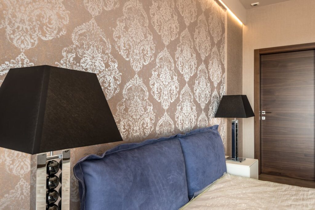 Elegant bedroom with decorative wallpaper