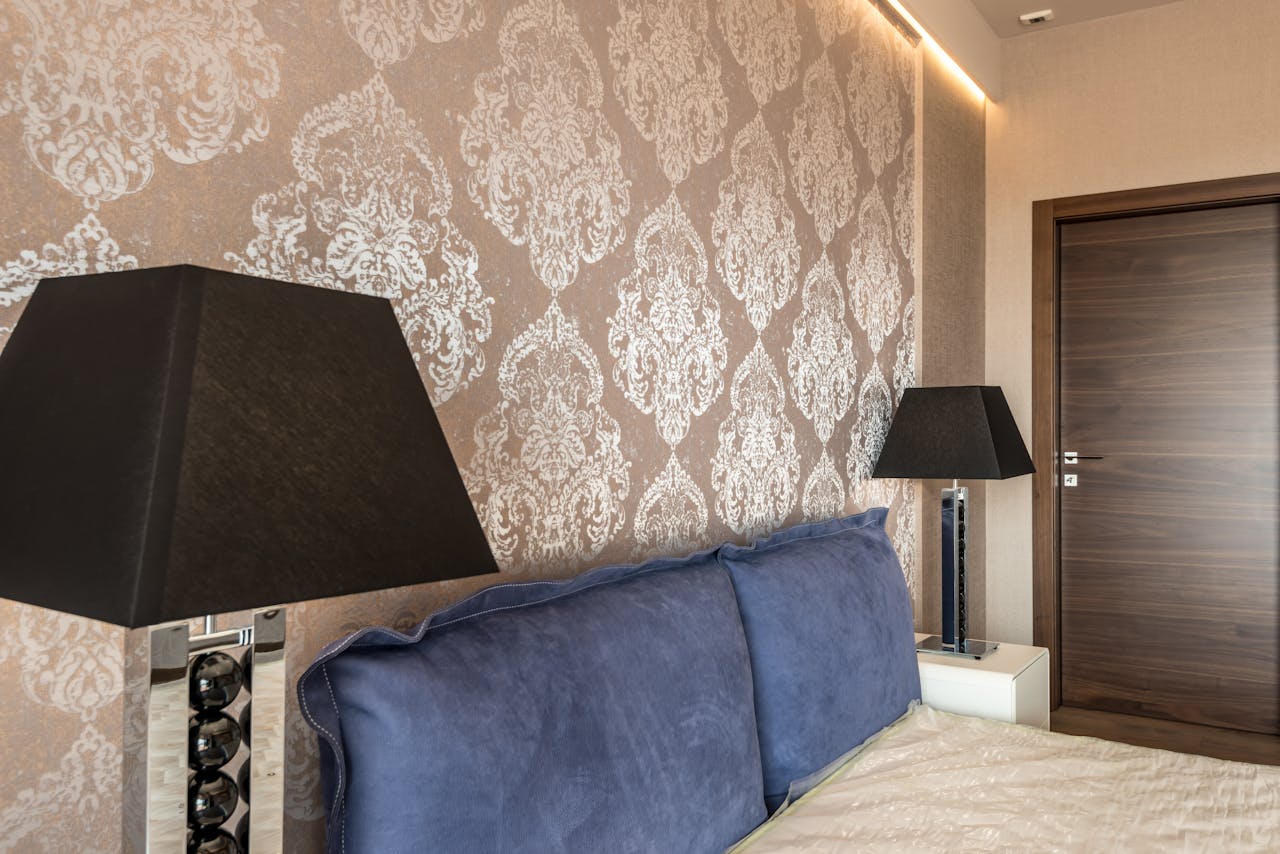 Elegant bedroom with decorative wallpaper