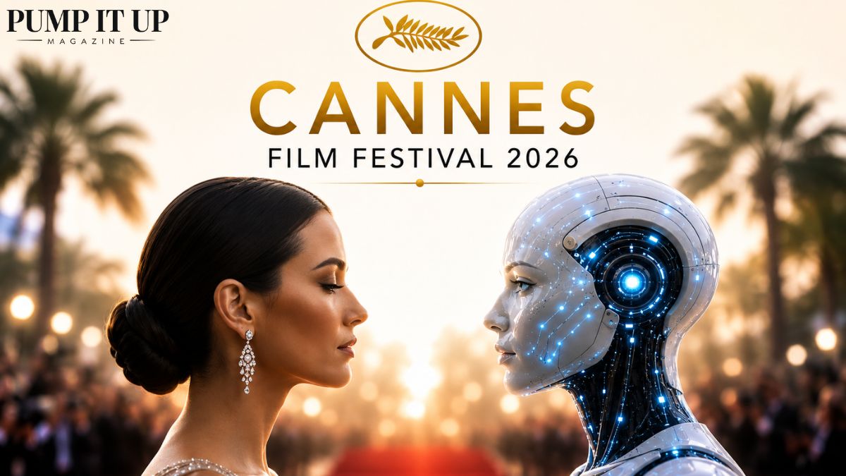Cinematic Cannes Film Festival 2026 banner featuring a glamorous woman facing a futuristic AI robot on a red carpet, symbolizing artificial intelligence and the future of cinema.