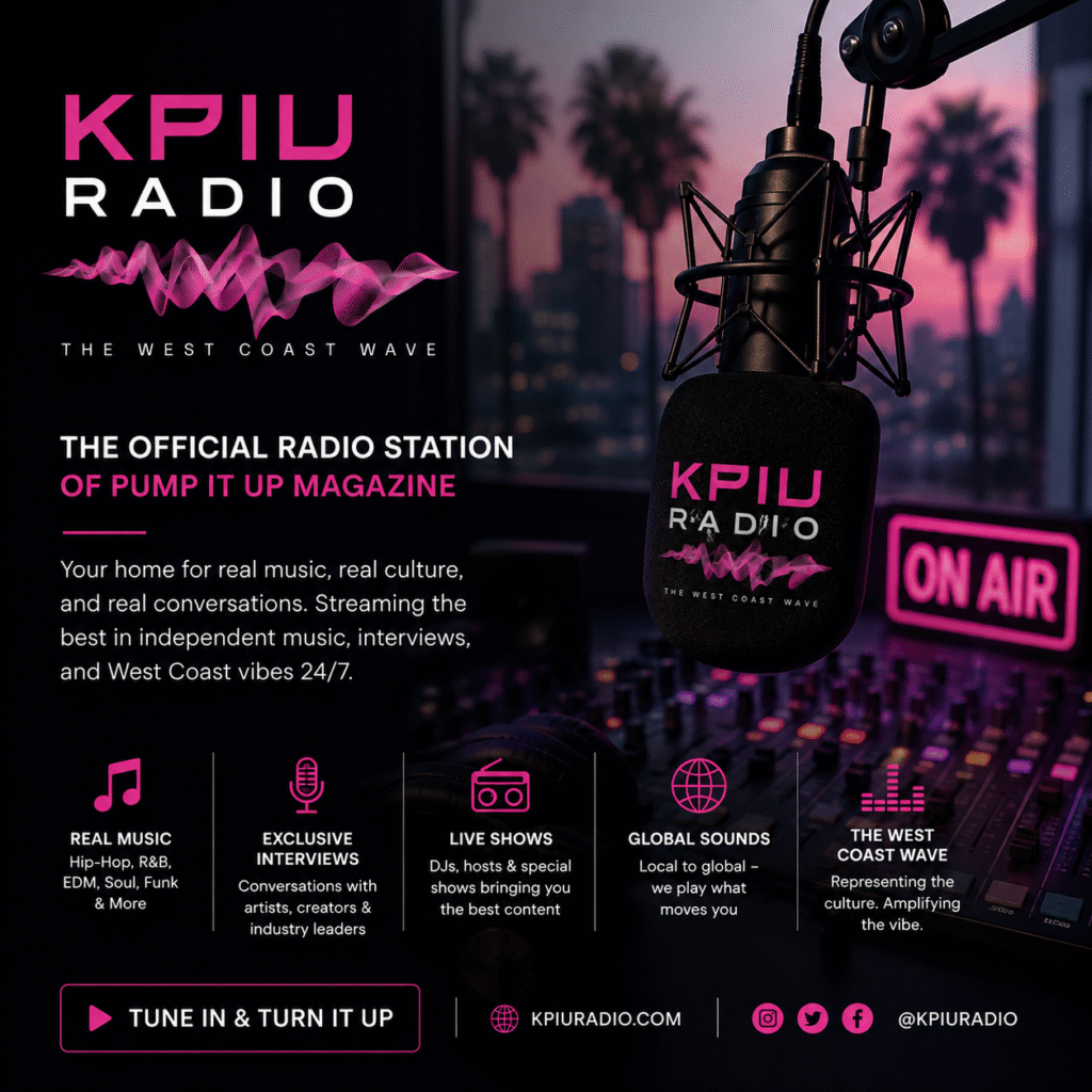 KPIU Radio studio banner with microphone and West Coast Wave branding for Pump It Up Magazine.