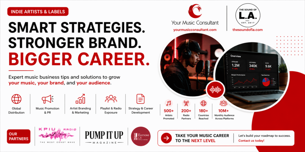 Professional Google Discover banner for indie artists and music labels featuring Your Music Consultant, The Sound of LA, KPIU Radio, Pump It Up Magazine, and Editions LA logos with music promotion, branding, playlist exposure, PR, and artist development services.