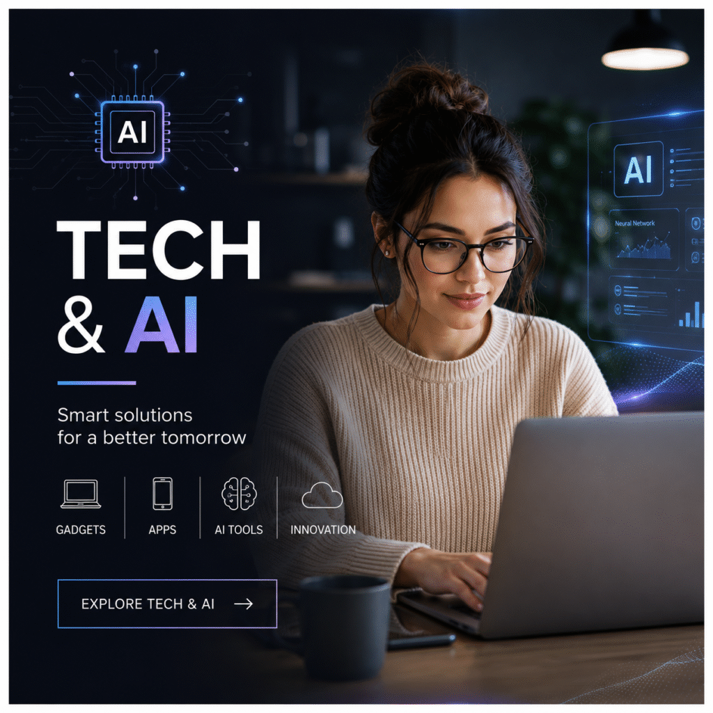 Woman working on laptop with futuristic AI interface and Tech & AI category design for Pump It Up Magazine