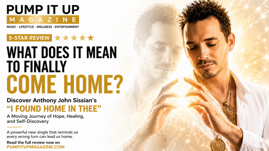 Pump It Up Magazine's 5-star review of Anthony John Sissian's "I Found Home in Thee," highlighting the song's inspiring message of hope, healing, resilience, and self-discovery.